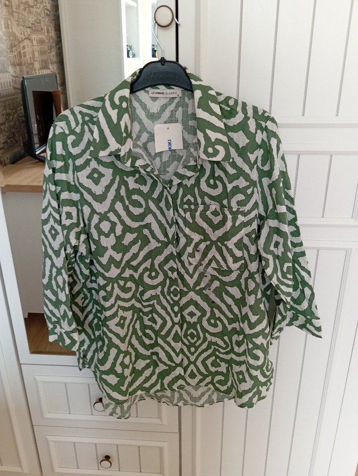 Yeşil Desenli Bol Kesim Keten Gömlek - Görsel 5