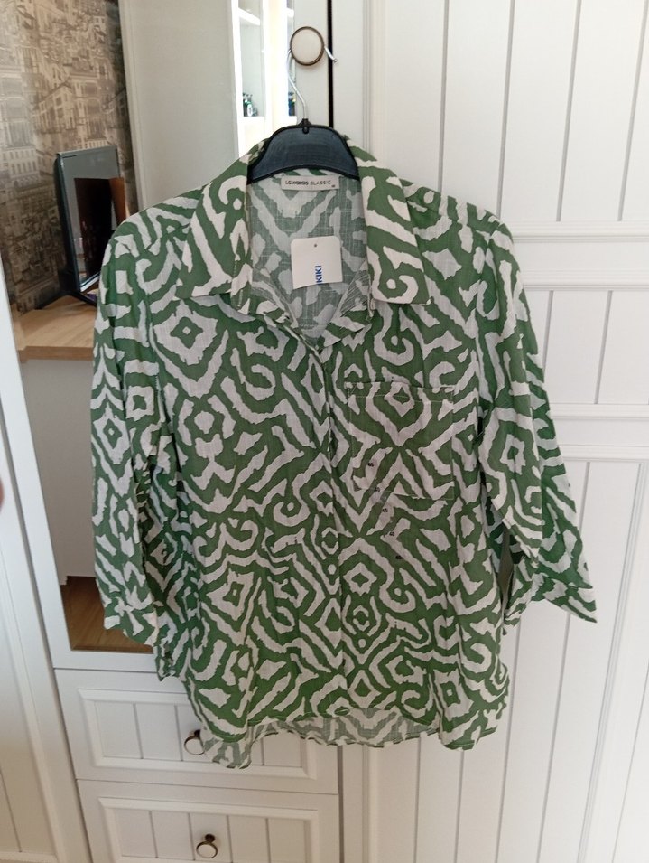 Yeşil Desenli Bol Kesim Keten Gömlek - Görsel 3