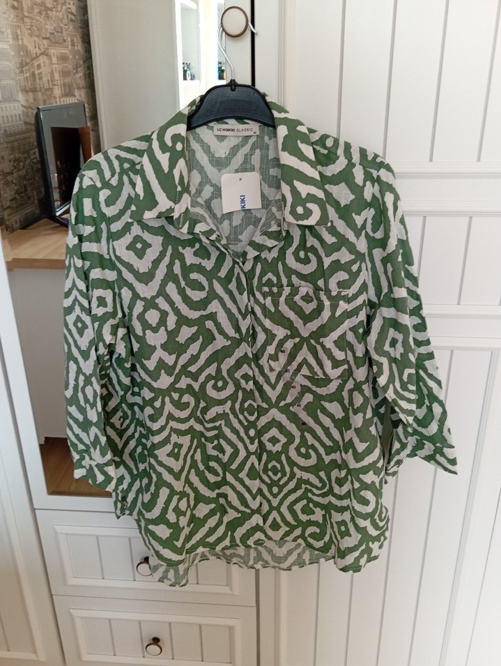 Yeşil Desenli Bol Kesim Keten Gömlek - Görsel 4