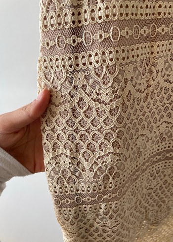 Bej Dantel İşlemeli Bohem Uzun Triko Elbise - Görsel 2