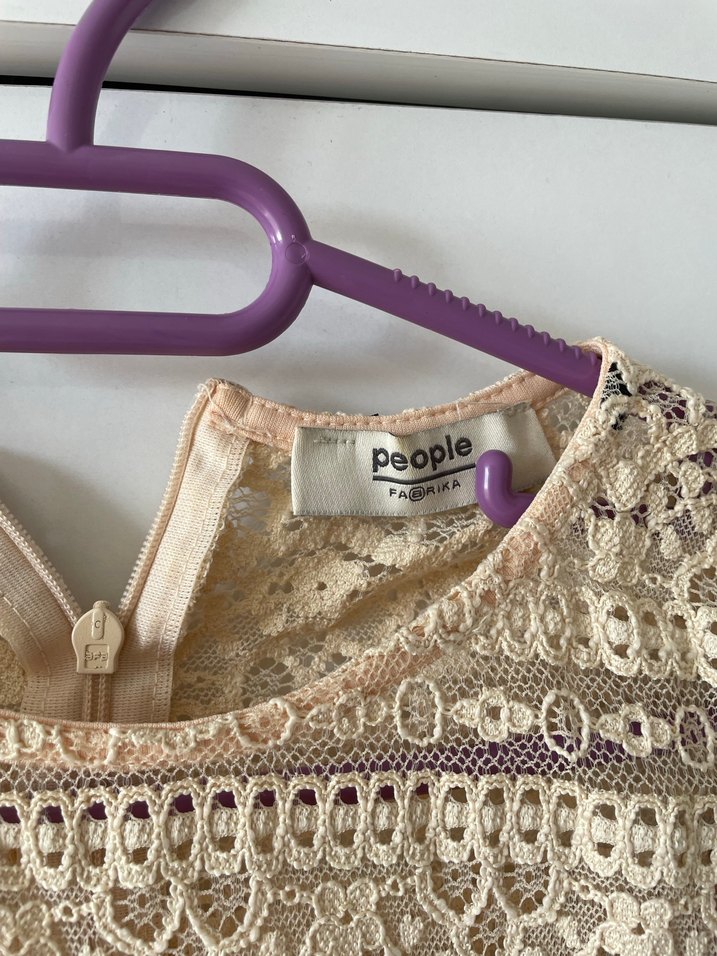 Bej Dantel İşlemeli Bohem Uzun Triko Elbise - Görsel 3