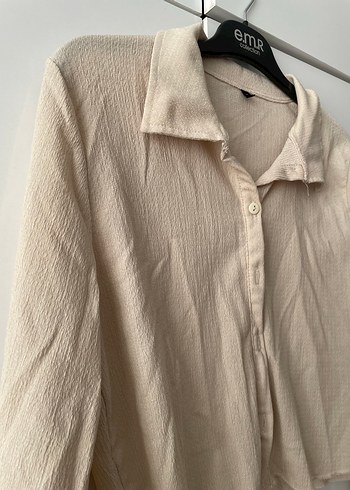 Bej Kadın Düğmeli Keten Gömlek - Görsel 2