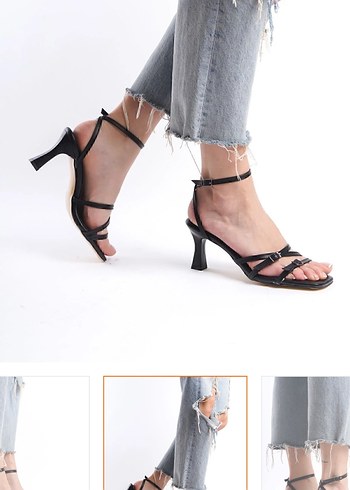 Siyah Yılan Desenli Tokalı İnce Topuklu Sandalet - Görsel 2