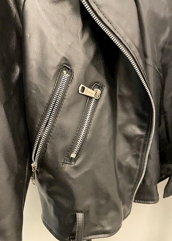 Kemerli Siyah Deri Biker Ceket - Görsel 2