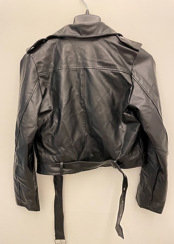 Kemerli Siyah Deri Biker Ceket - Görsel 7