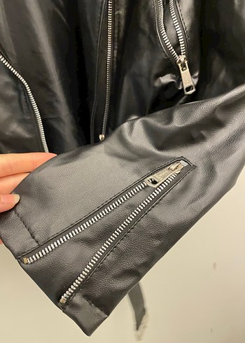 Kemerli Siyah Deri Biker Ceket - Görsel 5