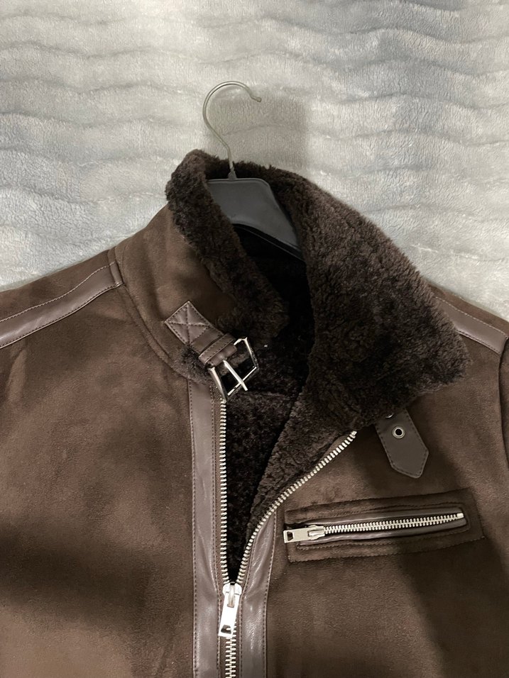 Kahverengi Süet Erkek Ceket Kürklü Yakalı - Görsel 5