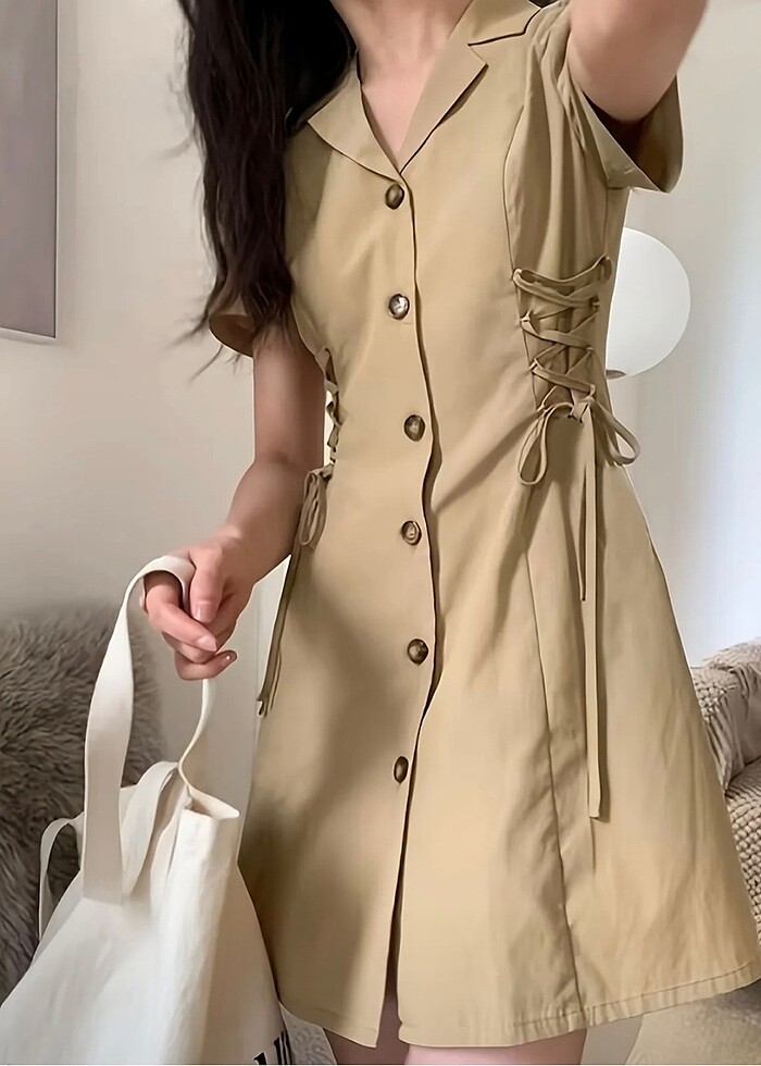 Haki düğmeli elbise - Görsel 3