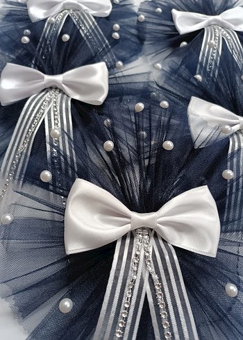 Lacivert Tül ve Beyaz Fiyonk Düğün Aksesuarı - Görsel 3