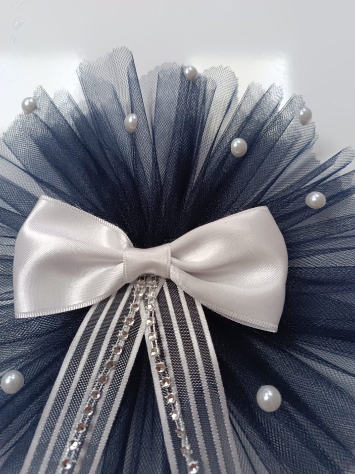 Lacivert Tül ve Beyaz Fiyonk Düğün Aksesuarı - Görsel 5