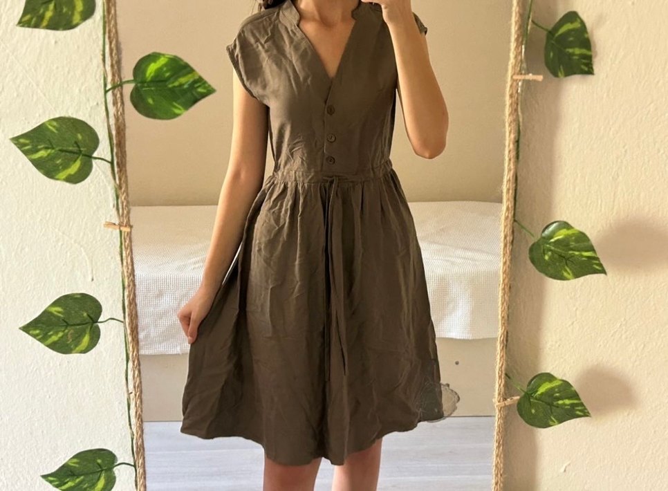 Haki V Yakalı Düğmeli Midi Elbise - Görsel 2