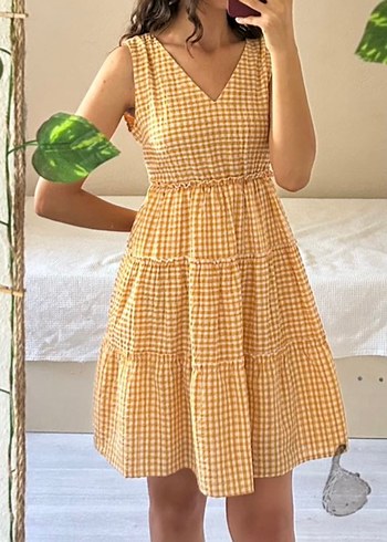 Sarı Kareli V Yakalı Fırfırlı Midi Elbise - Görsel 3