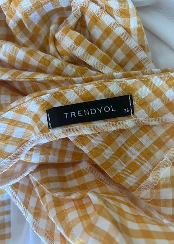 Sarı Kareli V Yakalı Fırfırlı Midi Elbise - Görsel 5