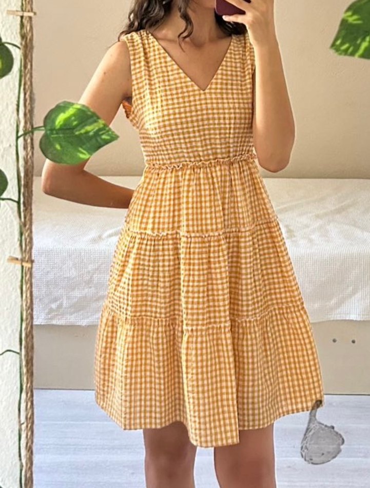 Sarı Kareli V Yakalı Fırfırlı Midi Elbise - Görsel 3