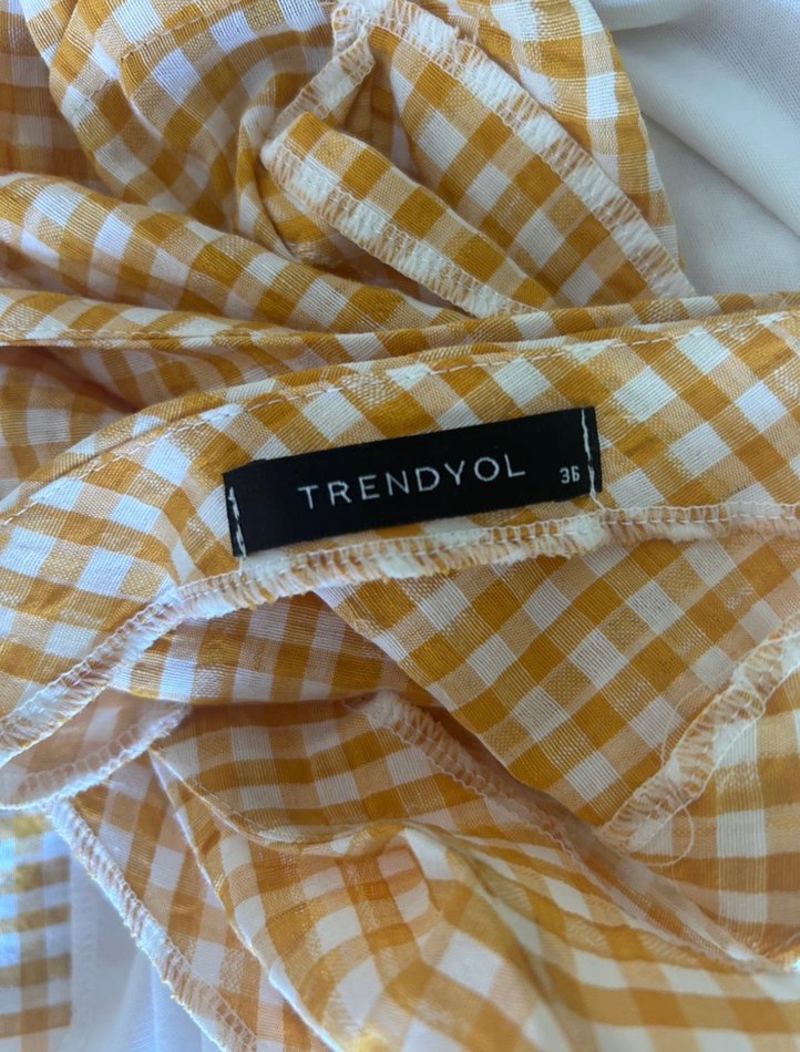 Sarı Kareli V Yakalı Fırfırlı Midi Elbise - Görsel 5