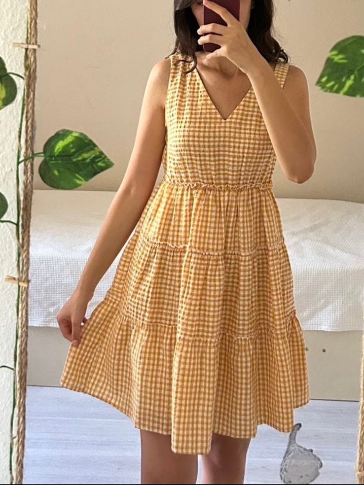 Sarı Kareli V Yakalı Fırfırlı Midi Elbise - Görsel 2