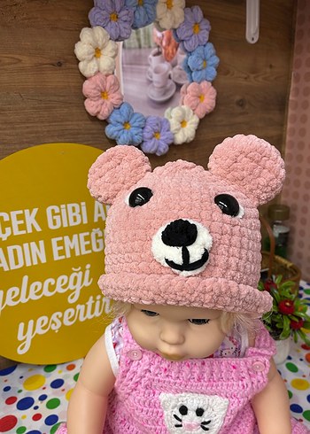 Pembe Ayıcık Figürlü kadife Bere - Görsel 3