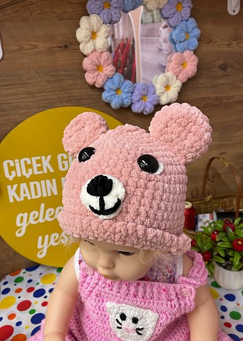 Pembe Ayıcık Figürlü kadife Bere - Görsel 2