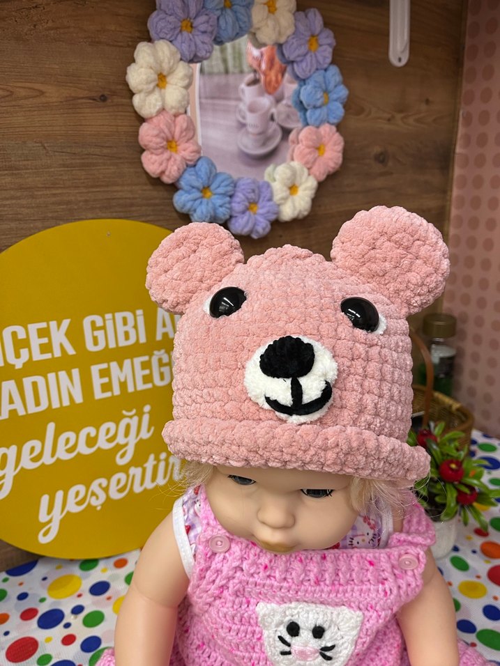 Pembe Ayıcık Figürlü kadife Bere - Görsel 3