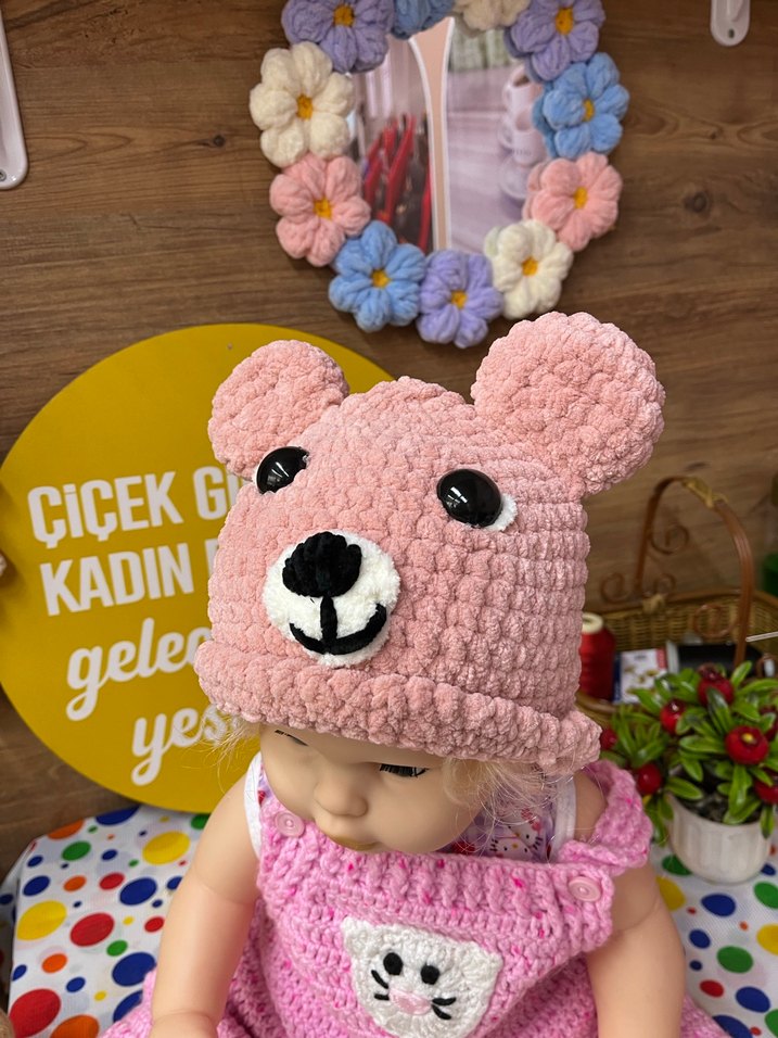 Pembe Ayıcık Figürlü kadife Bere - Görsel 2