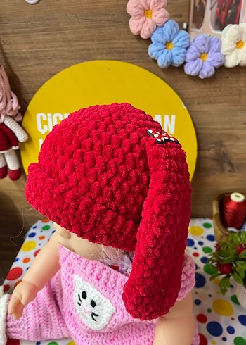 Kırmızı tavşan Kulaklı Bebek Şapkası - Görsel 3