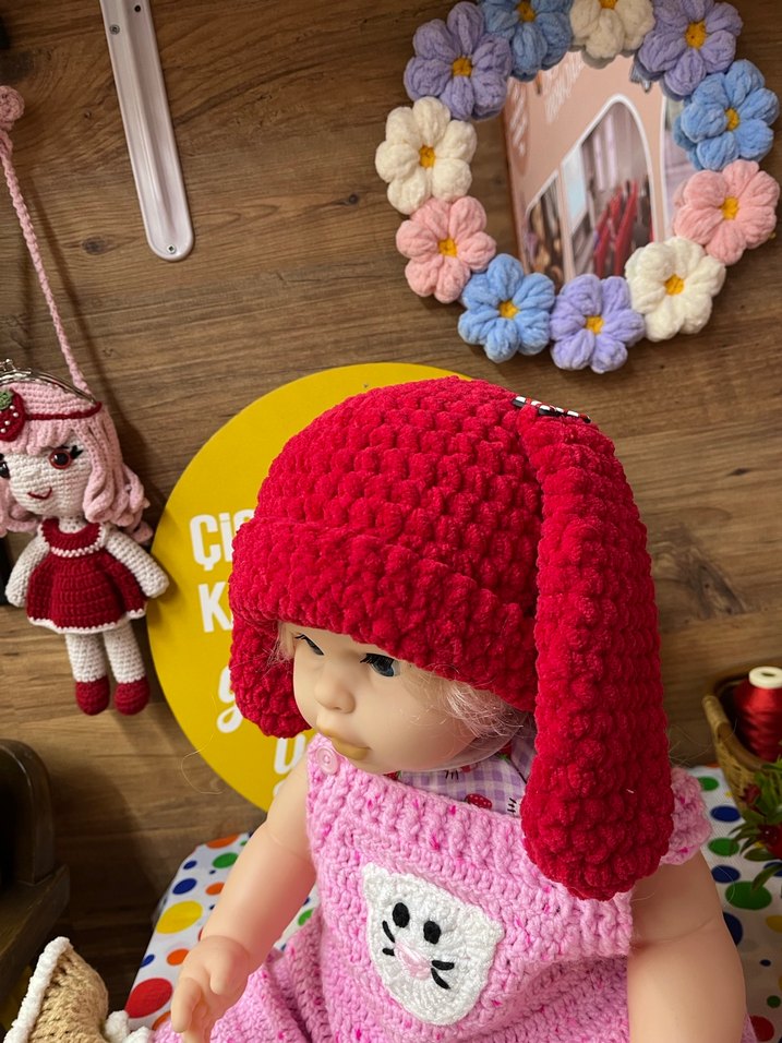 Kırmızı tavşan Kulaklı Bebek Şapkası - Görsel 4
