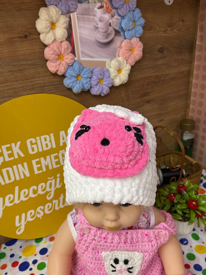 Pembe Leopar Desenli Örgü Çocuk Bere - Görsel 3