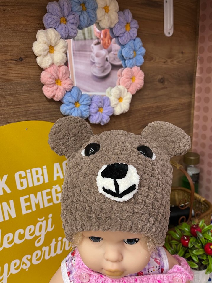 Bohem Tarzı Kahverengi Örgü Ayıcık Bere - Görsel 2