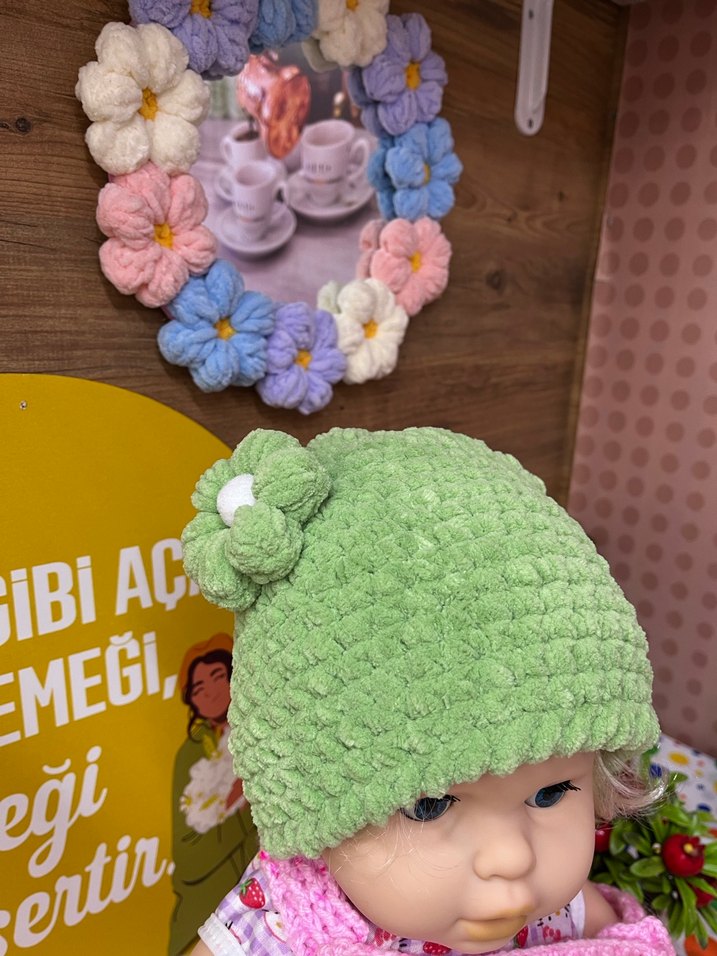 Yeşil Nakışlı Çocuk Örgü Bere - Görsel 2