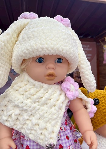 Bebekler için Beyaz Örgü Bere ve Boyunluk - Görsel 2