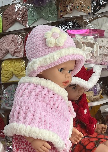 Pembe Nakışlı Örgü Kız Çocuk Bere ve Boyunluk - Görsel 3