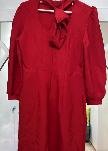 Kırmızı Midi Triko Elbise, Uzun Kollu - Görsel 3