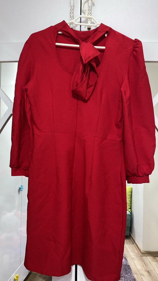 Kırmızı Midi Triko Elbise, Uzun Kollu - Görsel 3