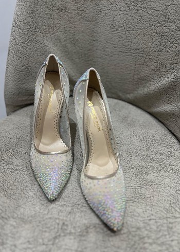 Beyaz Simli Stiletto Topuklu Kadın Abiye Ayakkabı - Görsel 2