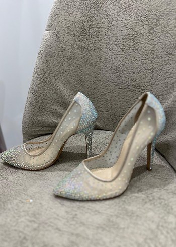 Beyaz Simli Stiletto Topuklu Kadın Abiye Ayakkabı - Görsel 4