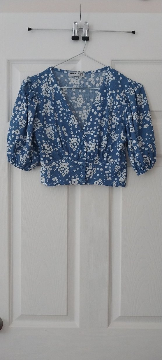 Mavi Çiçekli Mini Denim Elbise - Görsel 2