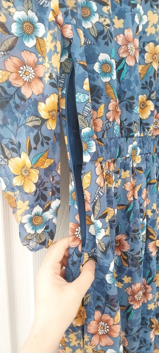 Mavi Çiçek Desenli Bohem Midi Elbise - Görsel 3