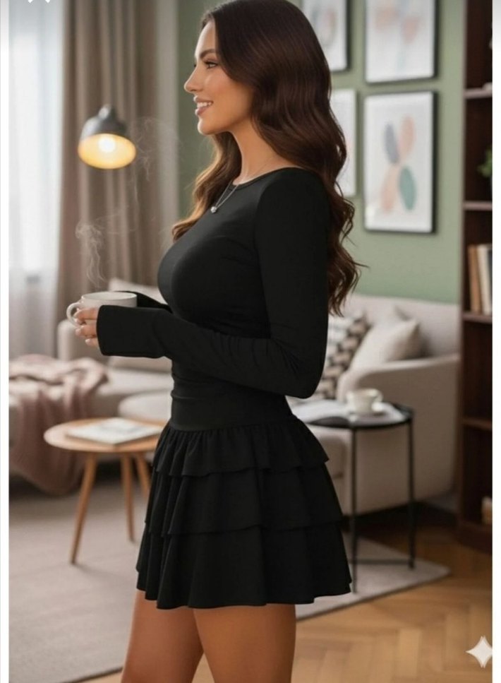 Kadın Siyah Fırfırlı Mini Elbise - Görsel 3