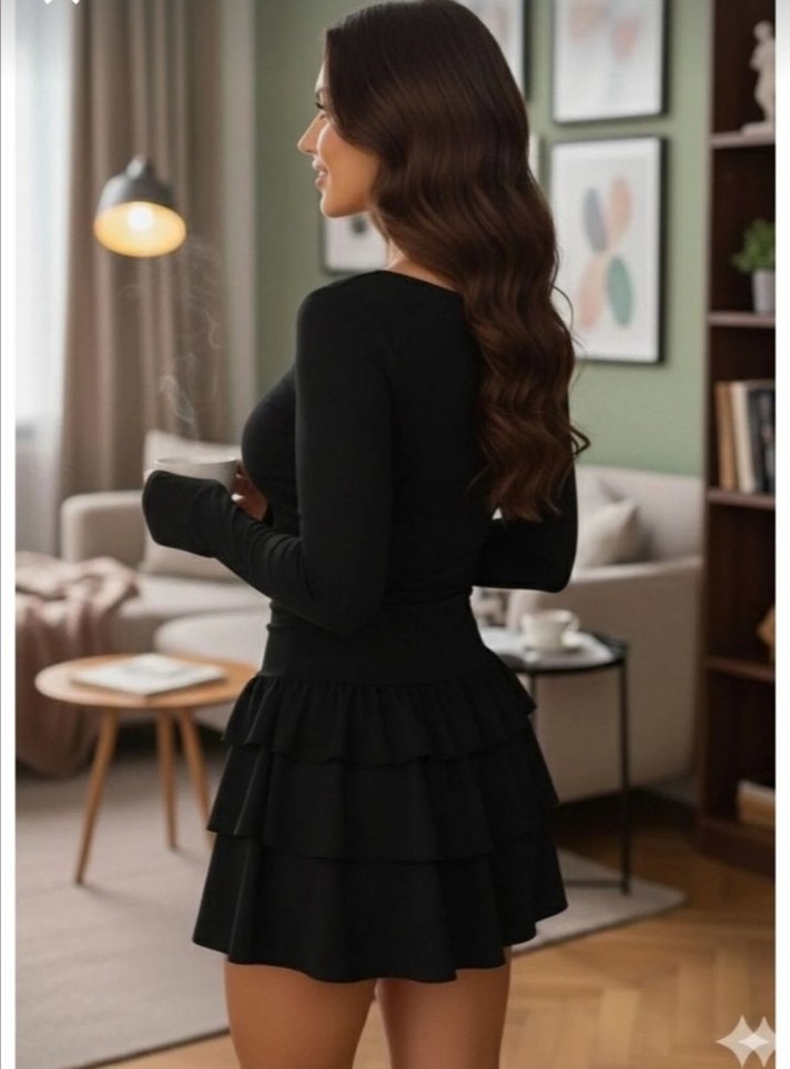Kadın Siyah Fırfırlı Mini Elbise - Görsel 4