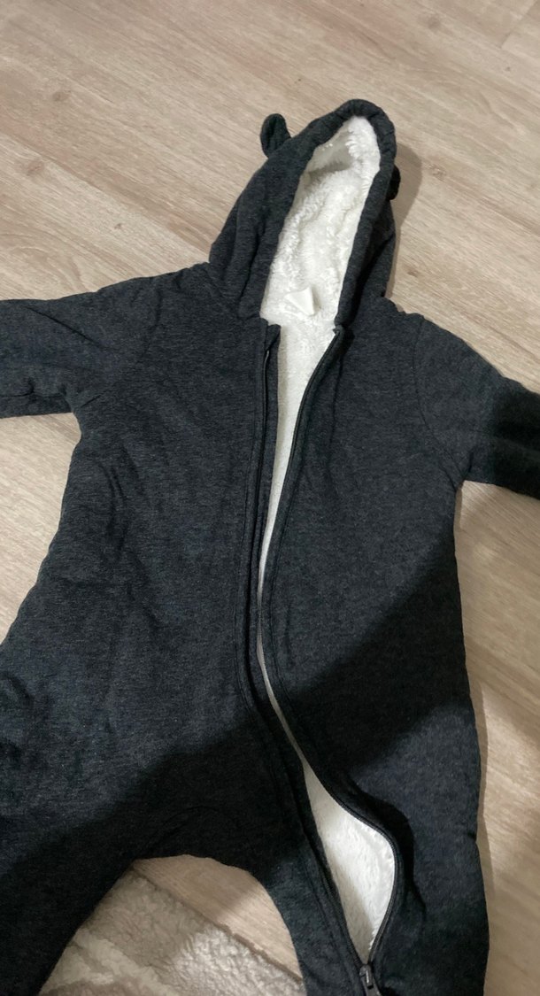 Koyu Gri Bebek Tulumu Fermuarlı Kapüşonlu - Görsel 4