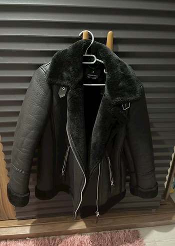 Stradivarius Kürk Detaylı Siyah Deri Biker Ceket - Görsel 2