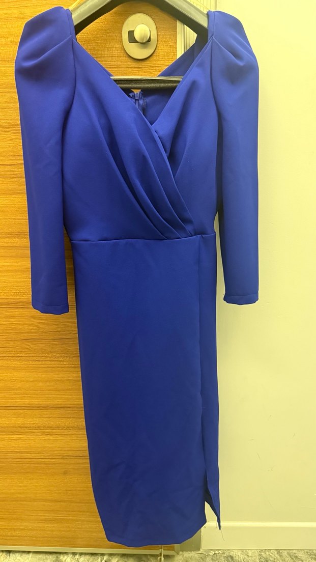 Mavi Uzun Kollu Drapeli Kadın Elbise - Görsel 2