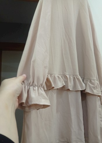 Bej Keten Uzun Kollu Fırfırlı Tunik - Görsel 2