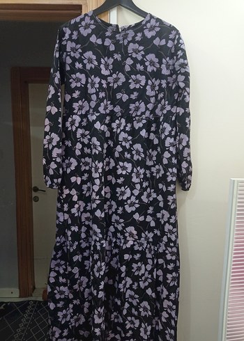 Uzun Kollu Mor Çiçekli Salaş Elbise - Görsel 2