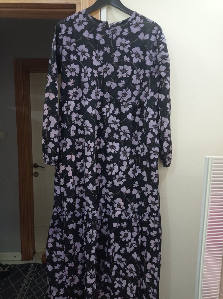 Uzun Kollu Mor Çiçekli Salaş Elbise - Görsel 2