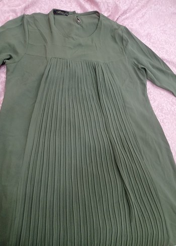 Kadın Yeşil Uzun Pilili Keten Elbise - Görsel 3