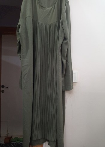 Kadın Yeşil Uzun Pilili Keten Elbise - Görsel 6