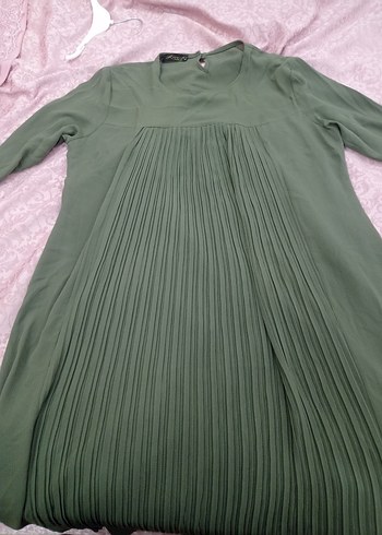 Kadın Yeşil Uzun Pilili Keten Elbise - Görsel 7