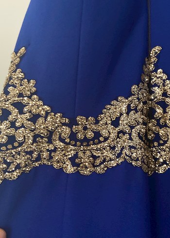 Mavi İşlemeli Uzun Kollu Abiye Elbise - Görsel 2