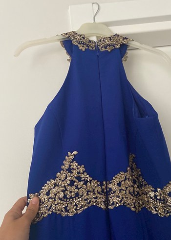 Mavi İşlemeli Uzun Kollu Abiye Elbise - Görsel 4